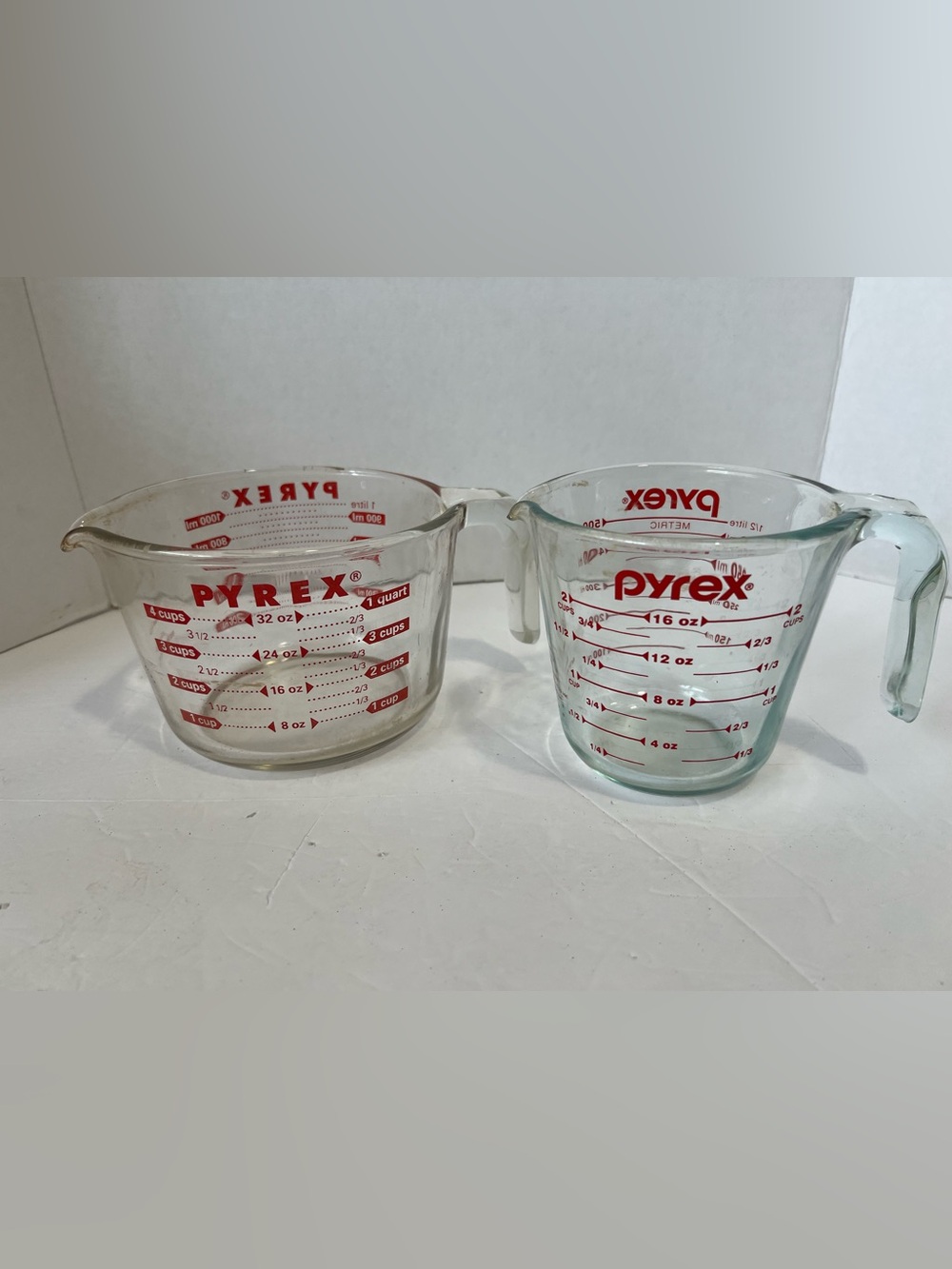 Vintage two Pyrex Clear Glass Measuring Cup Set with Red Markings
